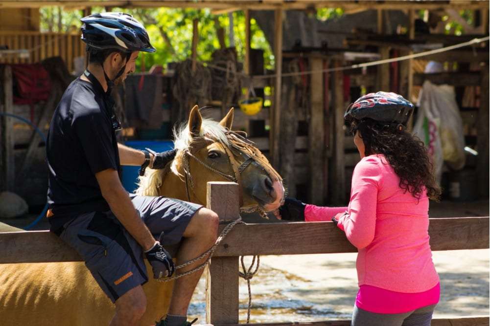 Man in a bike helmet sitting on a wooden fence while a woman in pink pets a horse