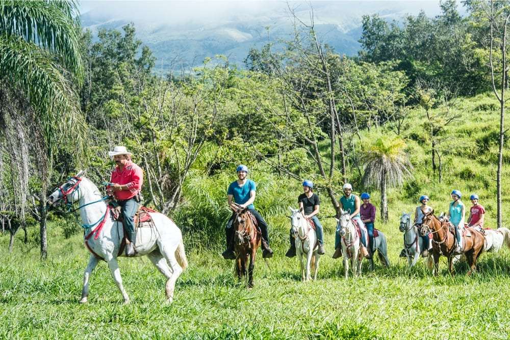 Line of riders in helmets on horses crossing a green meadow behind a guide in a white hat