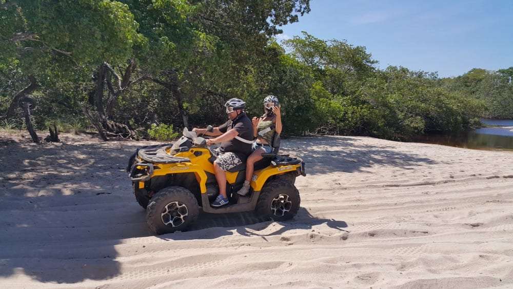 Two riders on a yellow ATV on a sandy bank next to a mangrove-lined channel
