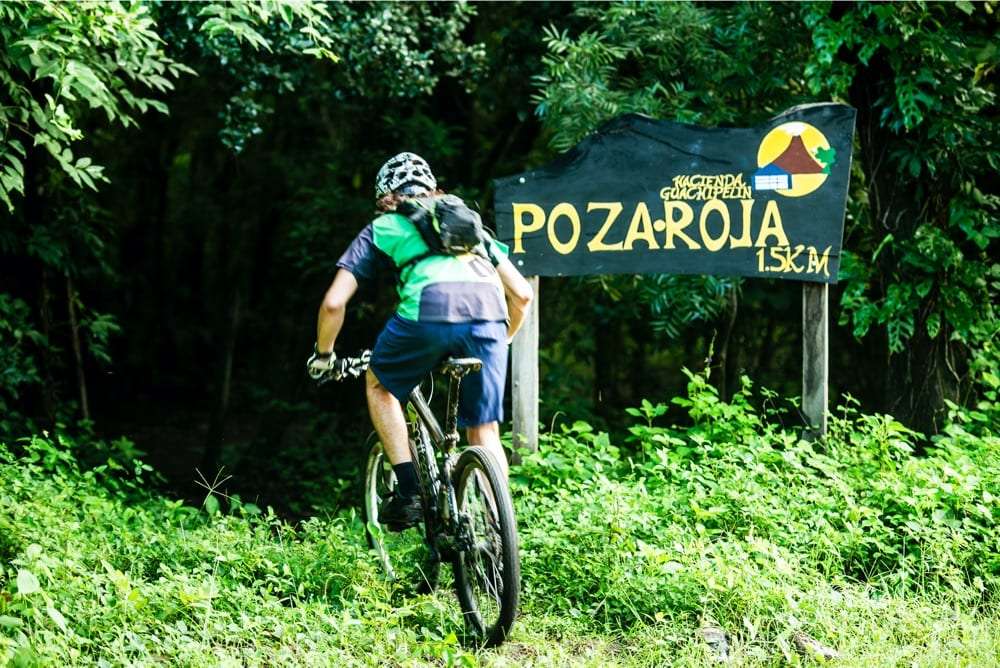 Mountain biker in a green jersey riding past a Poza Roja trail sign