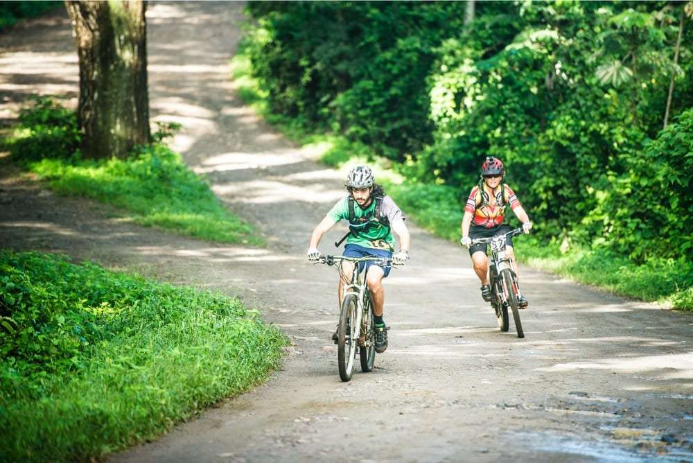 Two cyclists in helmets coming down a shaded gravel road through forest