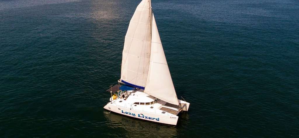 Aerial view of a white catamaran named Lazy Lizard under sail on dark water