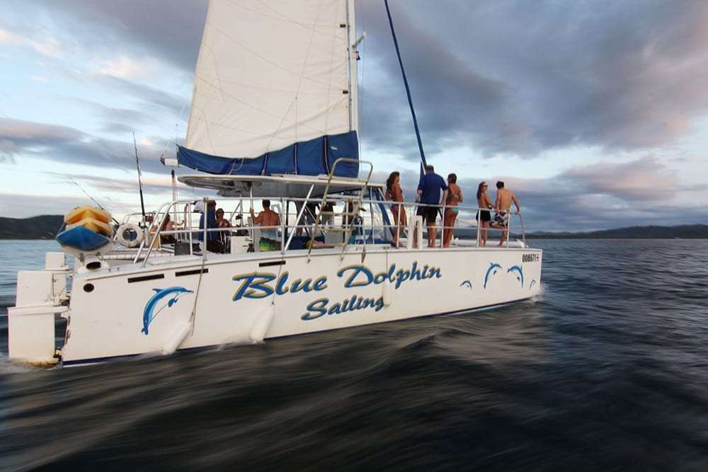Blue Dolphin Sailing catamaran with passengers standing at the rail at dusk