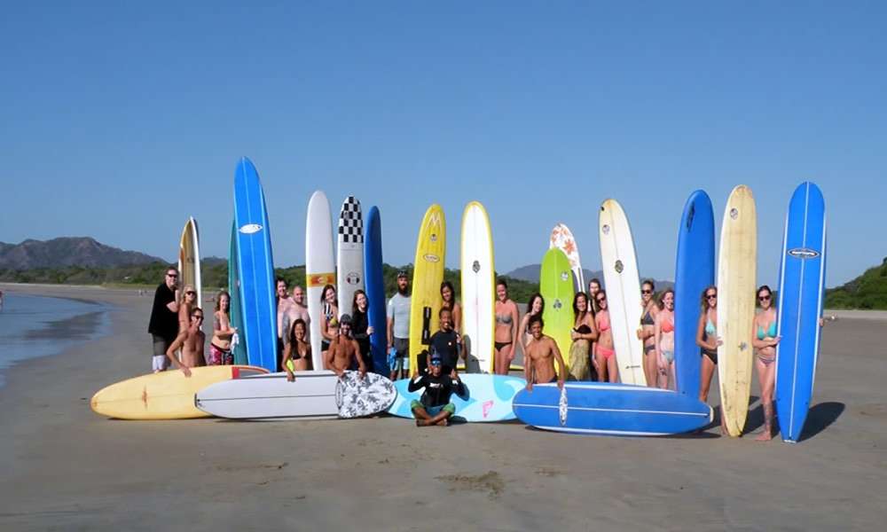 Large group of people standing on a beach among upright surfboards