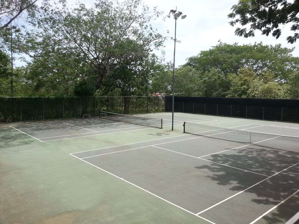 Two tennis courts with nets surrounded by trees