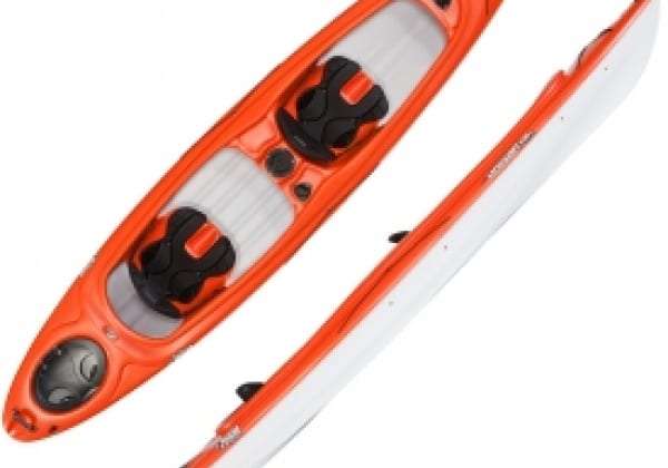 Orange and white tandem kayak seen from above on a white background