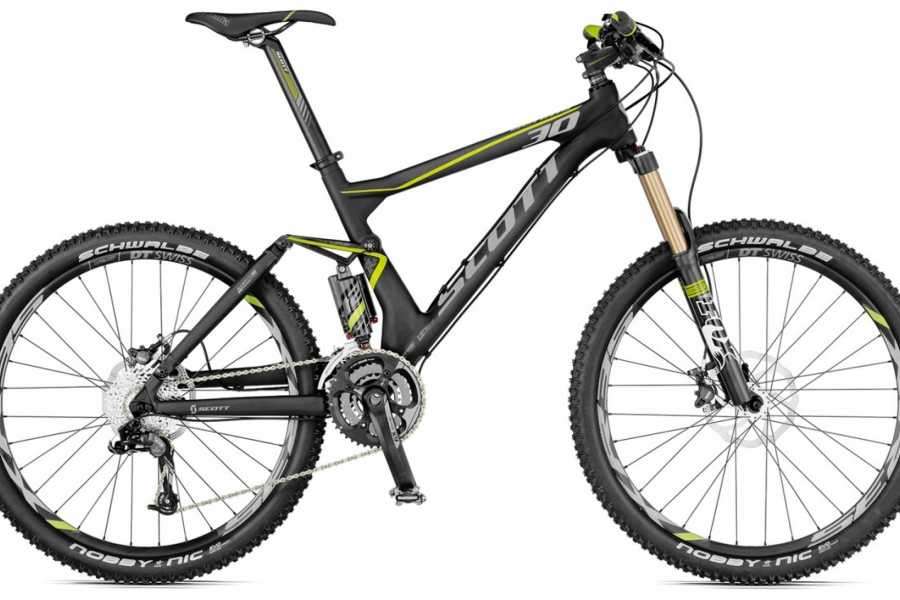 Black full-suspension mountain bike on a white background