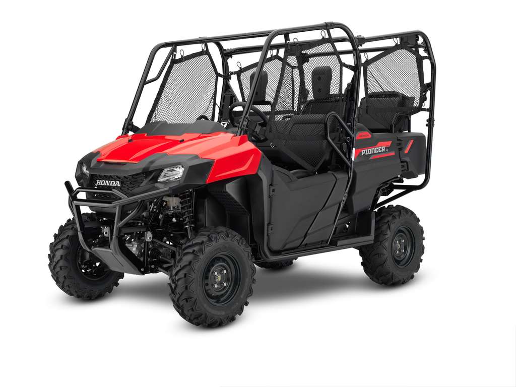 Red four-seat side-by-side off-road vehicle on a white background