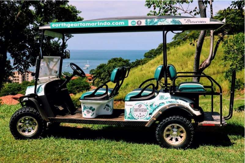 Six-seat electric golf cart with teal seats and leaf decals on a grassy hill above a bay